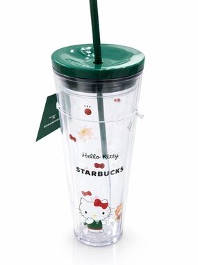 Starbucks Hello Kitty Clear Tumbler with Green Lid and Straw